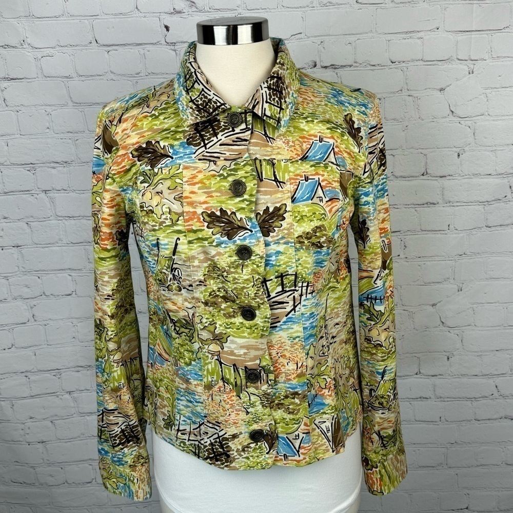 CHRISTOPHER BANKS Stretch Button Up Jacket Medium Countryside Cottage Print